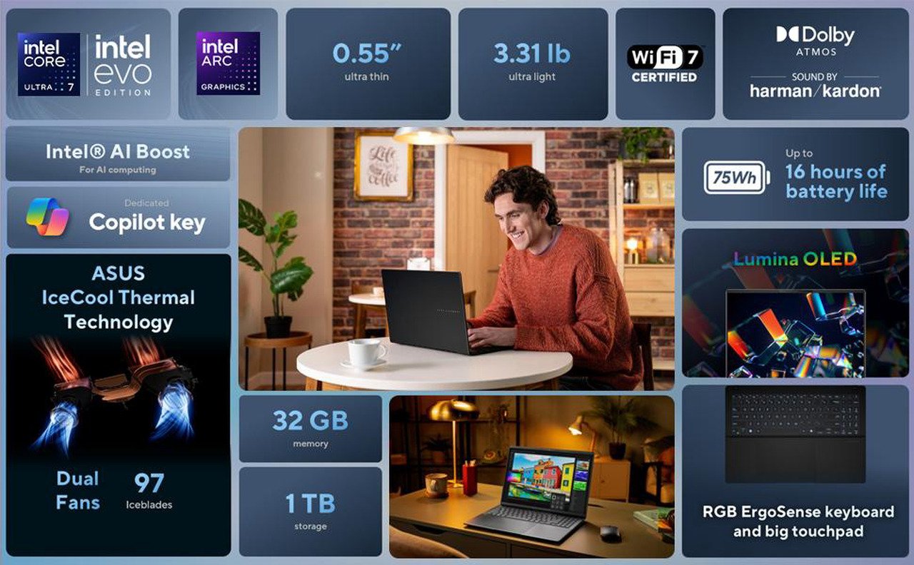 ASUS Vivobook S 16" 3K OLED Intel Core Ultra 7 255H - 32GB RAM - 1TB SSD Windows 11 Home (S5606CA-NS79) - Image 2